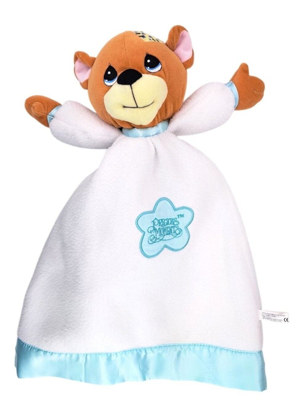 Vintage Precious Moments Bear Plush Lovey Blanket White Blue Satin Trim Security
